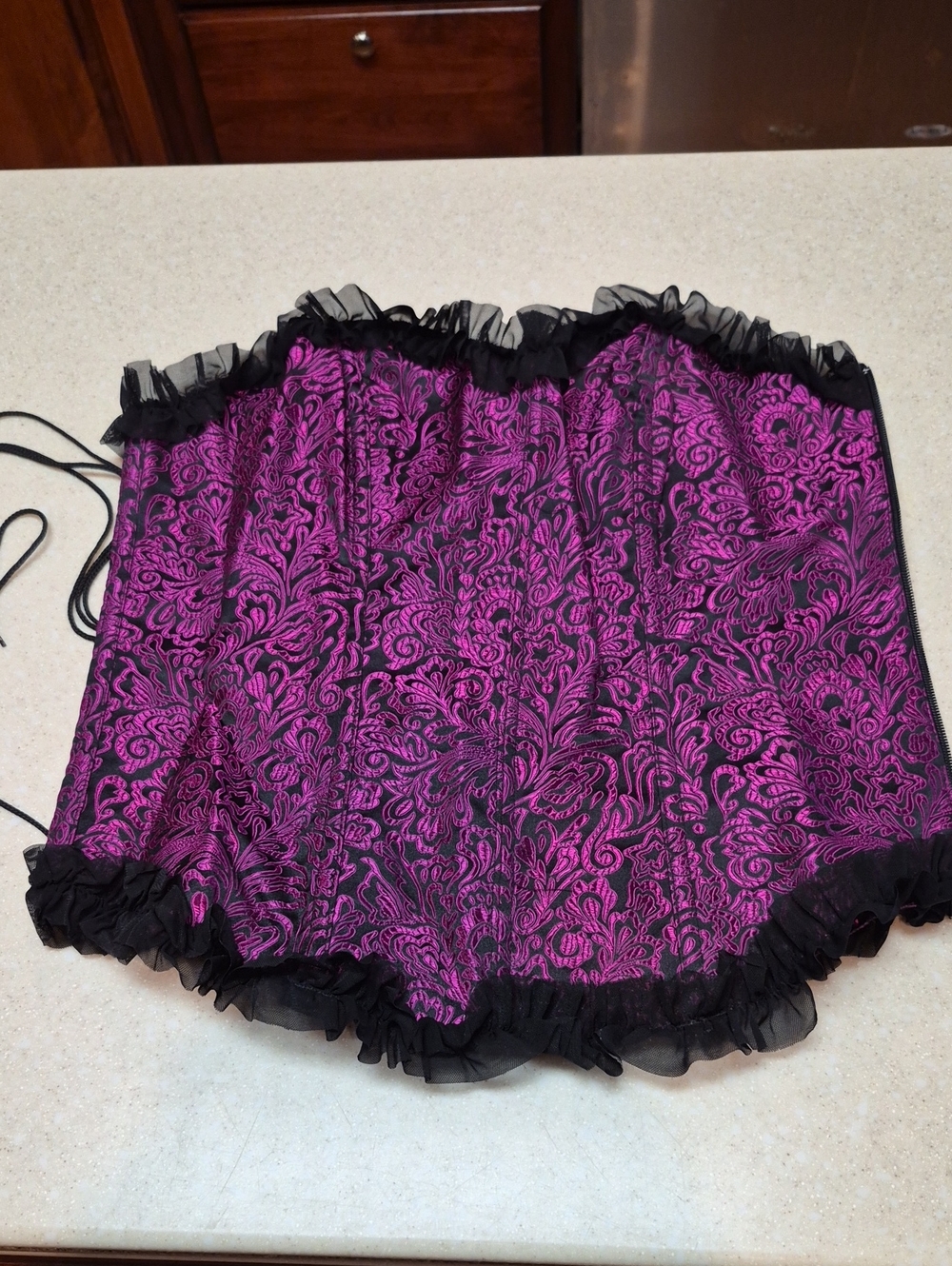 Purple Brocade Lace-Trim Corset Bustier 38